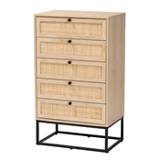 Baxton Studio Amelia Mid-Century Modern Transitional Natural Brown Finished Wood and Natural Rattan 5-Drawer Storage Cabinet